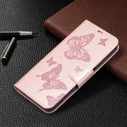 Custodia in pelle a ribalta orizzontale con motivo a goffratura a due farfalle con supporto e slot per schede, portafoglio e cordino, For Xiaomi Redmi 10