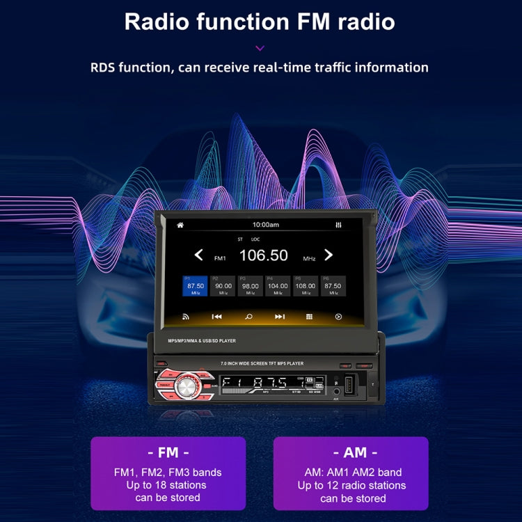 9601C Lettore MP5 con schermo retrattile manuale per auto universale HD da 7 pollici con Carplay, supporto FM, Bluetooth e scheda TF, 9601C