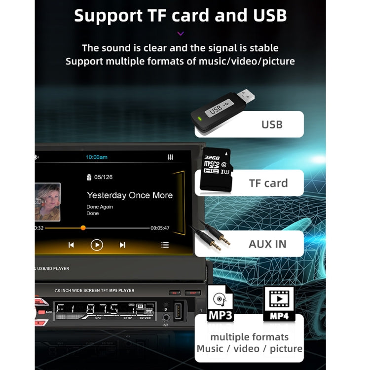 9601C Lettore MP5 con schermo retrattile manuale per auto universale HD da 7 pollici con Carplay, supporto FM, Bluetooth e scheda TF, 9601C