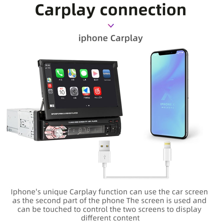 9601C Lettore MP5 con schermo retrattile manuale per auto universale HD da 7 pollici con Carplay, supporto FM, Bluetooth e scheda TF, 9601C