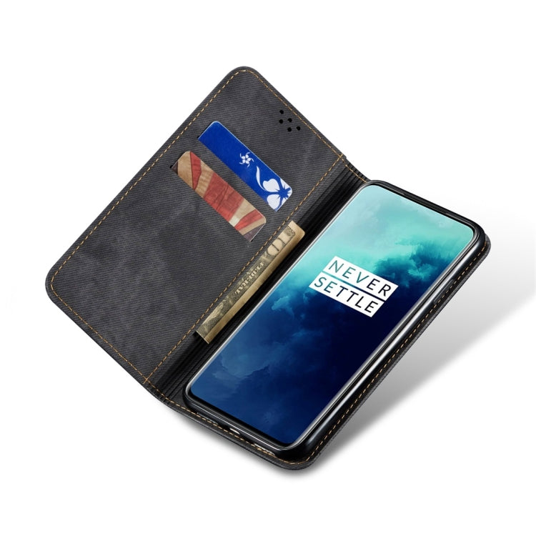 Custodia portafoglio in pelle con texture denim per OnePlus 7T Pr