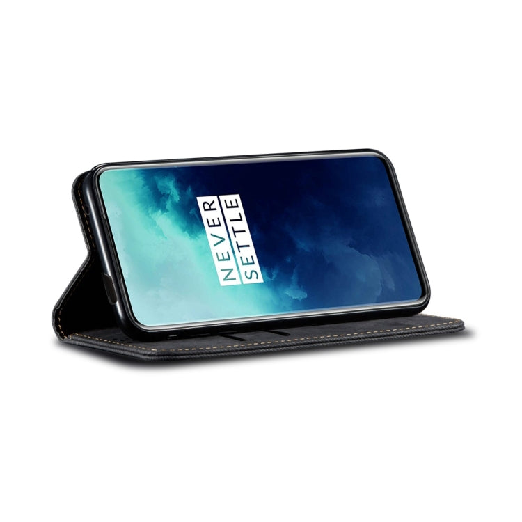 Custodia portafoglio in pelle con texture denim per OnePlus 7T Pr
