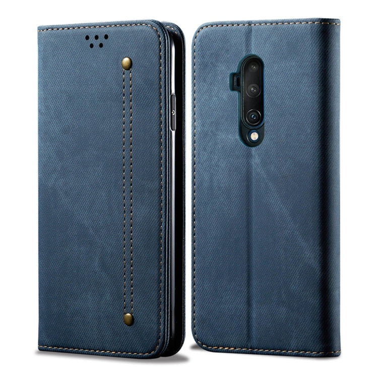 Custodia portafoglio in pelle con texture denim per OnePlus 7T Pr