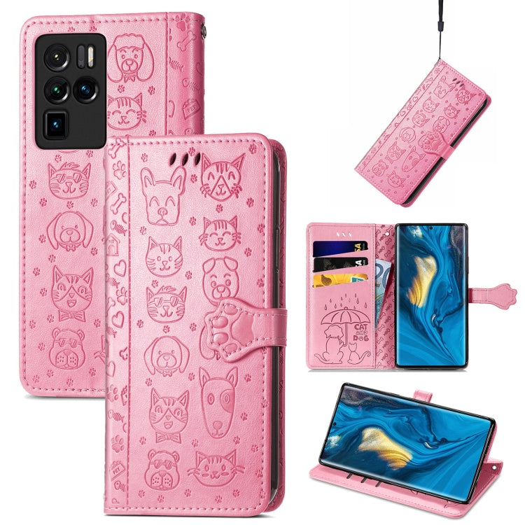 Bella custodia in pelle a vibrazione orizzontale con motivo a rilievo di gatto e cane, con supporto e fessure per carte e portafoglio e chiusura a cartone animato e cordino, For ZTE Nubia Z30 Pro, For Huawei Maimang 10 SE