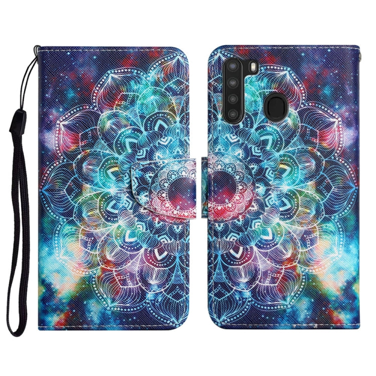 Custodia in pelle flip orizzontale con motivo dipinto con supporto, slot per schede e portafoglio, For Samsung Galaxy A21