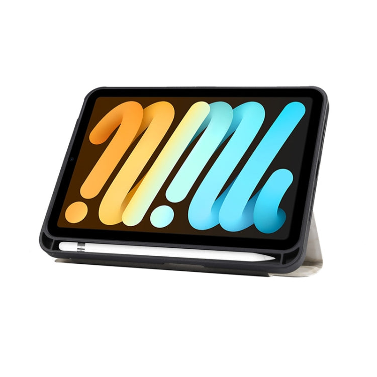 Custodia in pelle a ribalta orizzontale con motivo a trama in marmo con supporto a tre pieghe e slot per penna e funzione Sleep / Wake-up, For iPad mini 6 / mini 2024