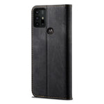 Custodia in pelle a conchiglia orizzontale in stile casual con texture denim con supporto, slot per schede e portafoglio, For Motorola Moto G30