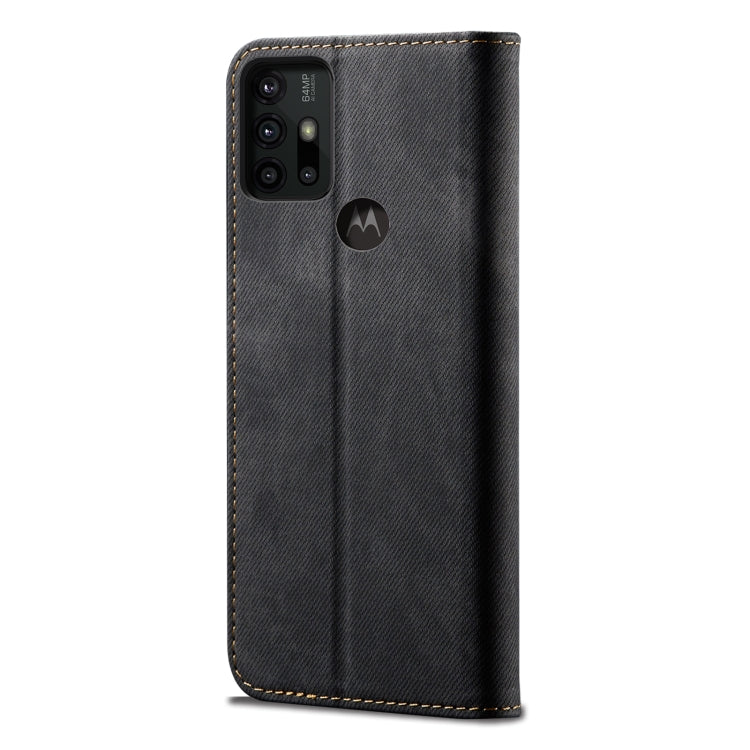 Custodia in pelle a conchiglia orizzontale in stile casual con texture denim con supporto, slot per schede e portafoglio, For Motorola Moto G30