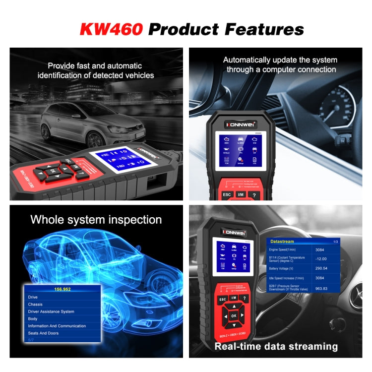 KONNWEI KW460 Strumento di diagnosi dei guasti del tester della batteria al piombo da 2,8 pollici 12V per auto, KW460