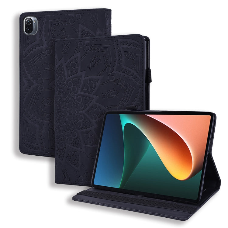 Custodia in pelle goffrata con design a doppia piegatura modello vitello con supporto e fessure per carte e portapenne e fascia elastica, For Xiaomi Mi Pad 5 / 5 Pro
