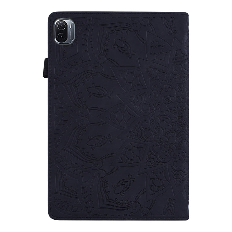 Custodia in pelle goffrata con design a doppia piegatura modello vitello con supporto e fessure per carte e portapenne e fascia elastica, For Xiaomi Mi Pad 5 / 5 Pro