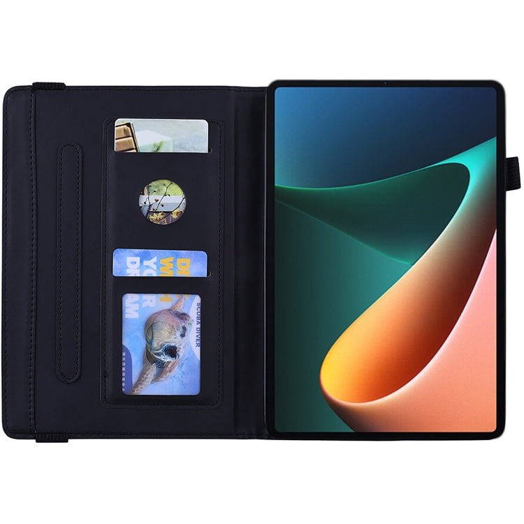 Custodia in pelle goffrata con design a doppia piegatura modello vitello con supporto e fessure per carte e portapenne e fascia elastica, For Xiaomi Mi Pad 5 / 5 Pro