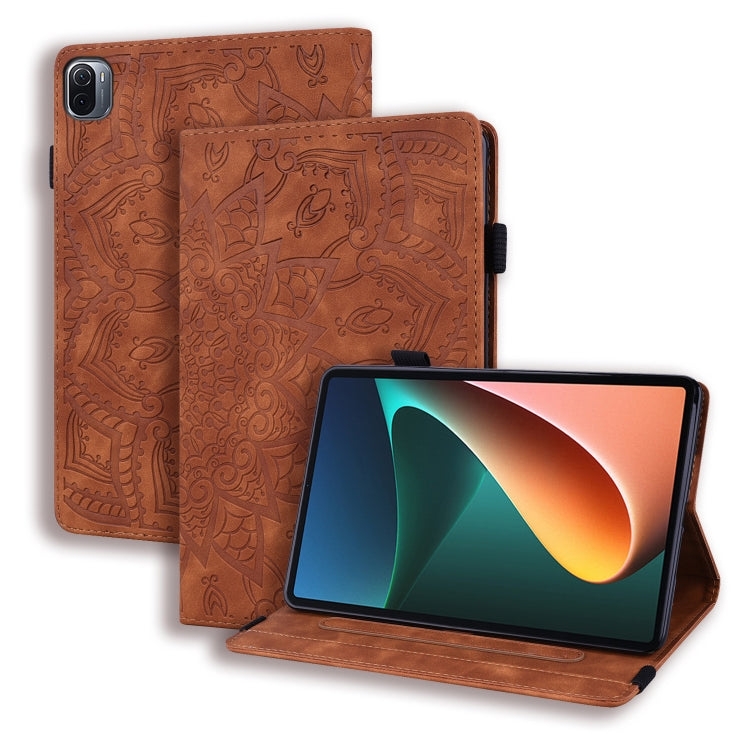 Custodia in pelle goffrata con design a doppia piegatura modello vitello con supporto e fessure per carte e portapenne e fascia elastica, For Xiaomi Mi Pad 5 / 5 Pro