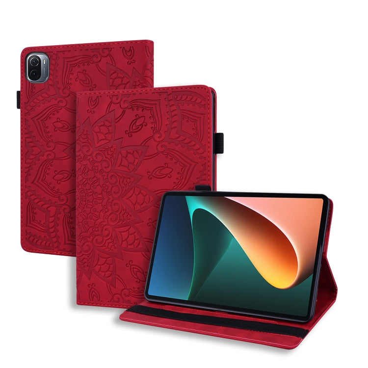 Custodia in pelle goffrata con design a doppia piegatura modello vitello con supporto e fessure per carte e portapenne e fascia elastica, For Xiaomi Mi Pad 5 / 5 Pro