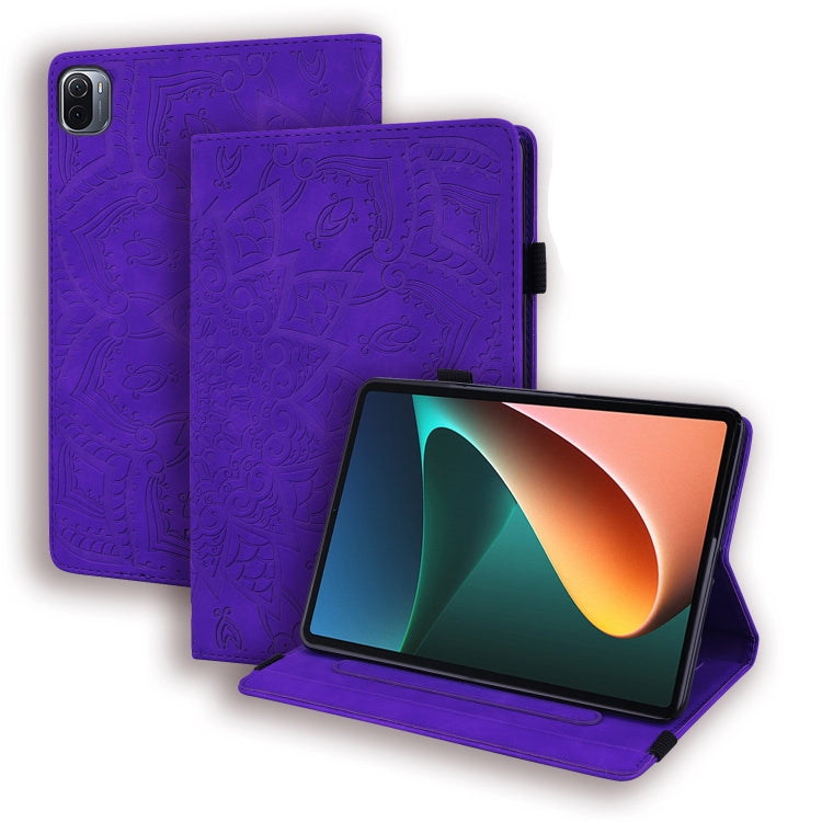 Custodia in pelle goffrata con design a doppia piegatura modello vitello con supporto e fessure per carte e portapenne e fascia elastica, For Xiaomi Mi Pad 5 / 5 Pro