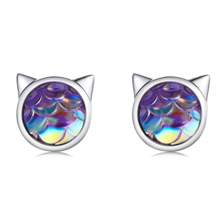 Orecchini da donna con orecchini a bottone con testa di gatto in scaglie di pesce in argento sterling S925, Fish Scale Cat Head