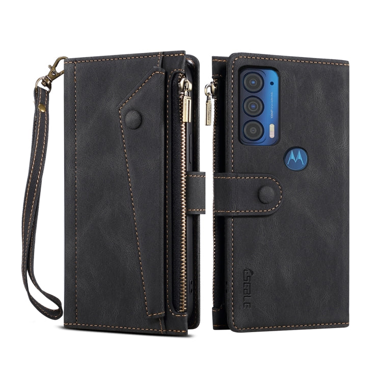 Custodia in pelle a ribalta orizzontale smerigliata retrò con supporto, slot per schede, portafoglio, tasca con cerniera e cordino, For Motorola Moto Edge 2021