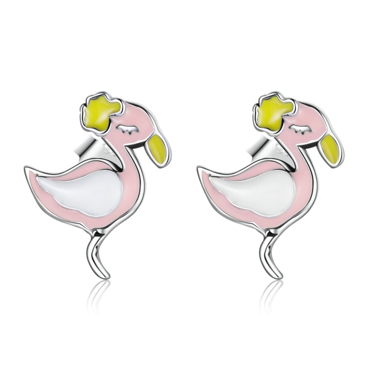 Orecchini da donna con orecchini a bottone con fenicottero rosa moda in argento sterling S925, Fashion Pink Flamingo