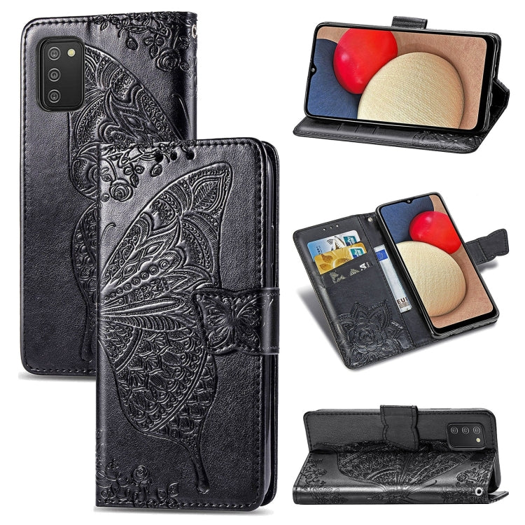Farfalla Love Flowers Custodia in pelle a ribalta orizzontale goffrata con supporto e fessure per carte e portafoglio e cordino, For Samsung Galaxy A03s 166mm
