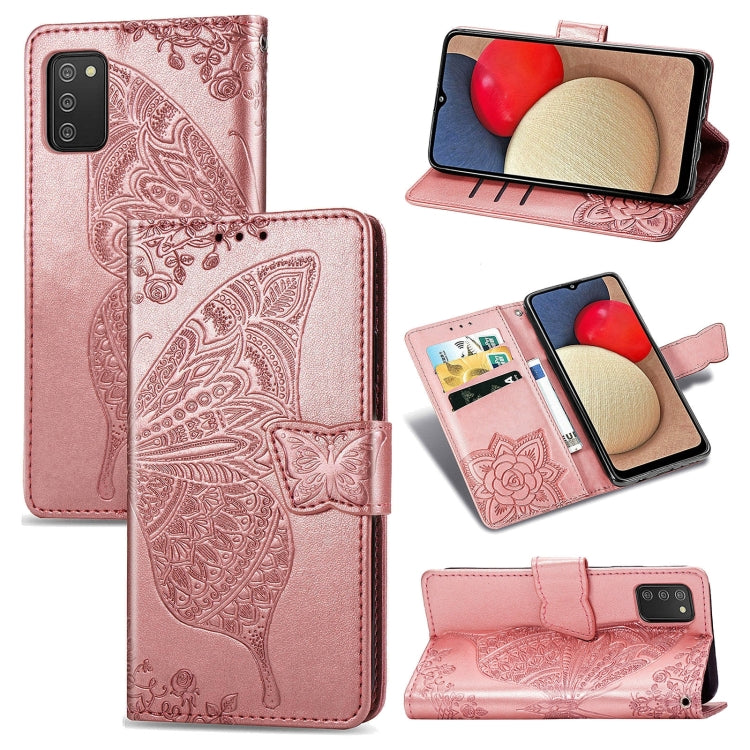 Farfalla Love Flowers Custodia in pelle a ribalta orizzontale goffrata con supporto e fessure per carte e portafoglio e cordino, For Samsung Galaxy A03s 166mm