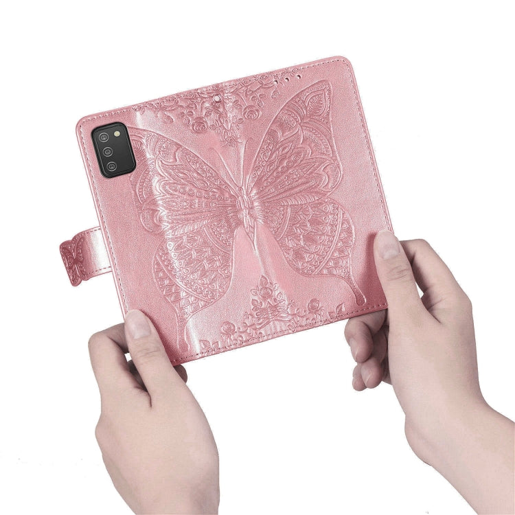 Farfalla Love Flowers Custodia in pelle a ribalta orizzontale goffrata con supporto e fessure per carte e portafoglio e cordino, For Samsung Galaxy A03s 166mm
