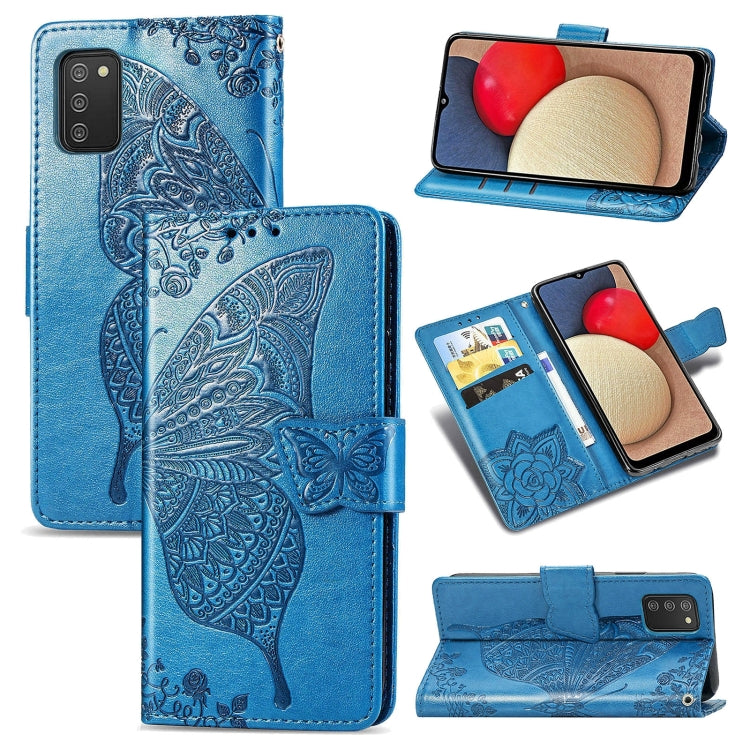 Farfalla Love Flowers Custodia in pelle a ribalta orizzontale goffrata con supporto e fessure per carte e portafoglio e cordino, For Samsung Galaxy A03s 166mm