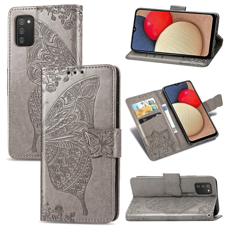Farfalla Love Flowers Custodia in pelle a ribalta orizzontale goffrata con supporto e fessure per carte e portafoglio e cordino, For Samsung Galaxy A03s 166mm
