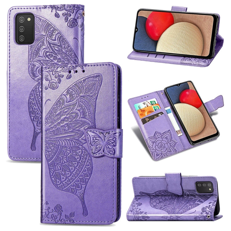 Farfalla Love Flowers Custodia in pelle a ribalta orizzontale goffrata con supporto e fessure per carte e portafoglio e cordino, For Samsung Galaxy A03s 166mm