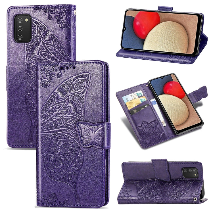 Farfalla Love Flowers Custodia in pelle a ribalta orizzontale goffrata con supporto e fessure per carte e portafoglio e cordino, For Samsung Galaxy A03s 166mm