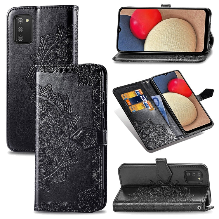 Custodia in pelle con apertura orizzontale in rilievo con fiore di mandala con supporto, tre slot per carte, portafoglio e cordino, For Samsung Galaxy A03s 166mm