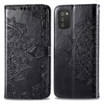 Custodia in pelle con apertura orizzontale in rilievo con fiore di mandala con supporto, tre slot per carte, portafoglio e cordino, For Samsung Galaxy A03s 166mm