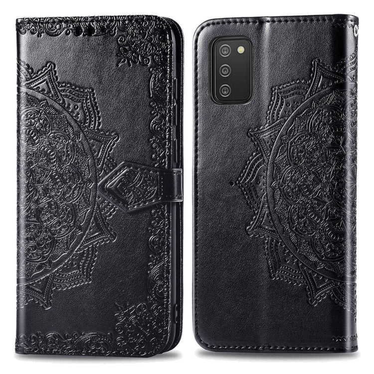 Custodia in pelle con apertura orizzontale in rilievo con fiore di mandala con supporto, tre slot per carte, portafoglio e cordino, For Samsung Galaxy A03s 166mm