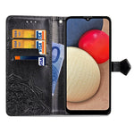 Custodia in pelle con apertura orizzontale in rilievo con fiore di mandala con supporto, tre slot per carte, portafoglio e cordino, For Samsung Galaxy A03s 166mm