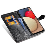 Custodia in pelle con apertura orizzontale in rilievo con fiore di mandala con supporto, tre slot per carte, portafoglio e cordino, For Samsung Galaxy A03s 166mm
