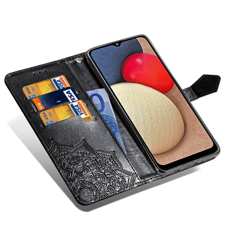 Custodia in pelle con apertura orizzontale in rilievo con fiore di mandala con supporto, tre slot per carte, portafoglio e cordino, For Samsung Galaxy A03s 166mm