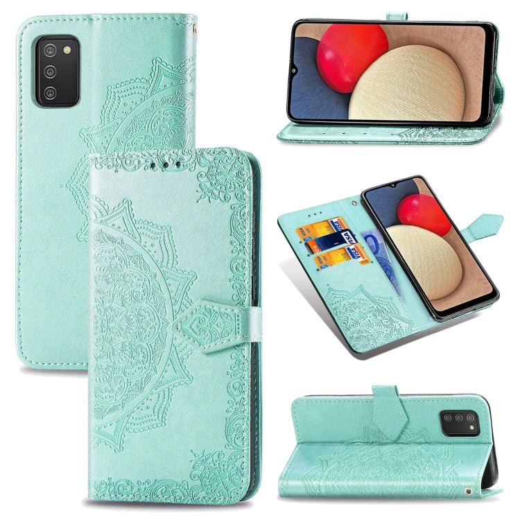 Custodia in pelle con apertura orizzontale in rilievo con fiore di mandala con supporto, tre slot per carte, portafoglio e cordino, For Samsung Galaxy A03s 166mm