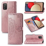 Custodia in pelle con apertura orizzontale in rilievo con fiore di mandala con supporto, tre slot per carte, portafoglio e cordino, For Samsung Galaxy A03s 166mm