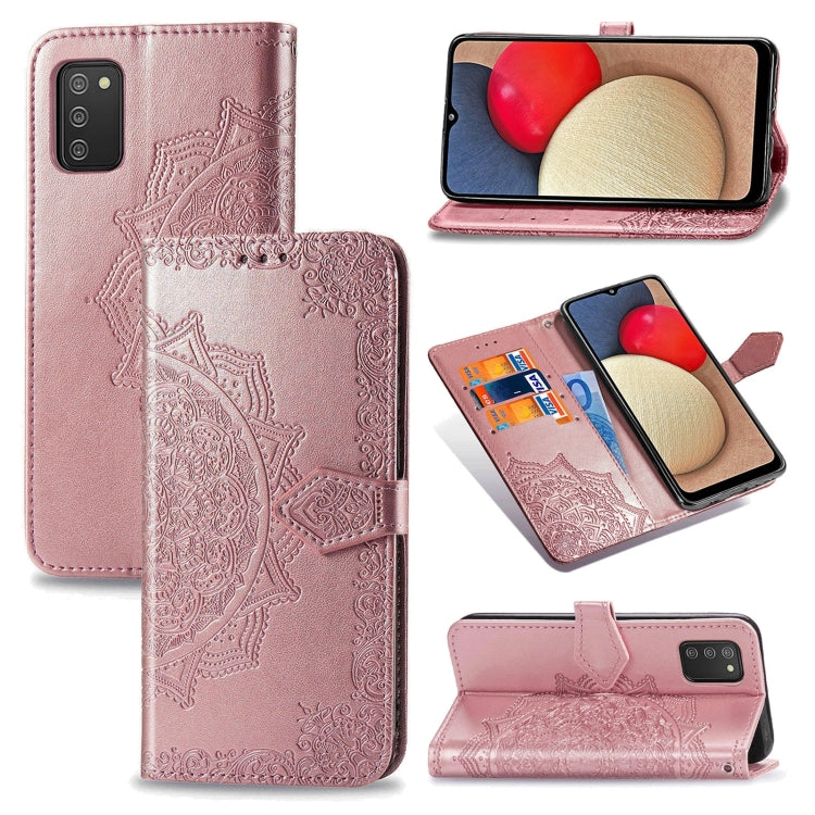 Custodia in pelle con apertura orizzontale in rilievo con fiore di mandala con supporto, tre slot per carte, portafoglio e cordino, For Samsung Galaxy A03s 166mm