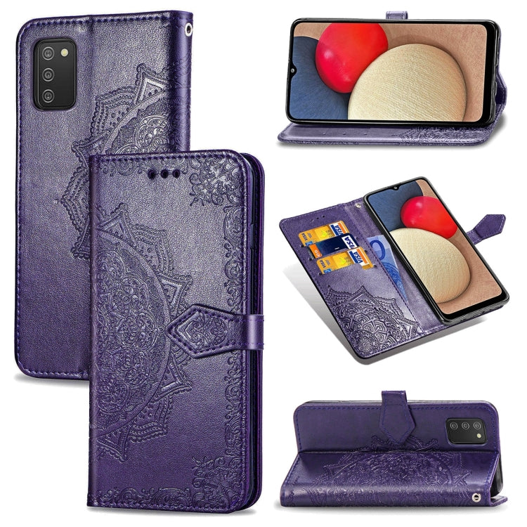 Custodia in pelle con apertura orizzontale in rilievo con fiore di mandala con supporto, tre slot per carte, portafoglio e cordino, For Samsung Galaxy A03s 166mm