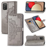 Custodia in pelle con apertura orizzontale in rilievo con fiore di mandala con supporto, tre slot per carte, portafoglio e cordino, For Samsung Galaxy A03s 166mm