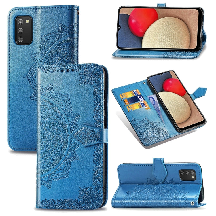 Custodia in pelle con apertura orizzontale in rilievo con fiore di mandala con supporto, tre slot per carte, portafoglio e cordino, For Samsung Galaxy A03s 166mm