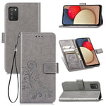 Custodia in pelle goffrata con chiusura a quattro foglie con cordino e slot per schede, portafoglio e supporto, For Samsung Galaxy A03s 166mm