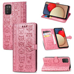 Simpatica custodia in pelle a ribalta orizzontale in rilievo con gatto e cane con supporto e fessure per carte, portafoglio e cordino, For Samsung Galaxy A03s 166mm