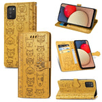 Simpatica custodia in pelle a ribalta orizzontale in rilievo con gatto e cane con supporto e fessure per carte, portafoglio e cordino, For Samsung Galaxy A03s 166mm