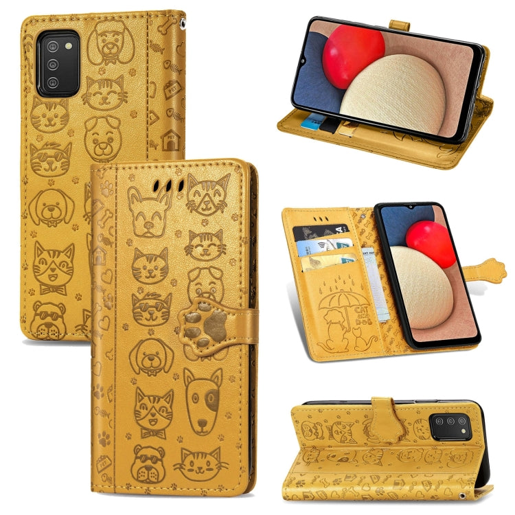 Simpatica custodia in pelle a ribalta orizzontale in rilievo con gatto e cane con supporto e fessure per carte, portafoglio e cordino, For Samsung Galaxy A03s 166mm
