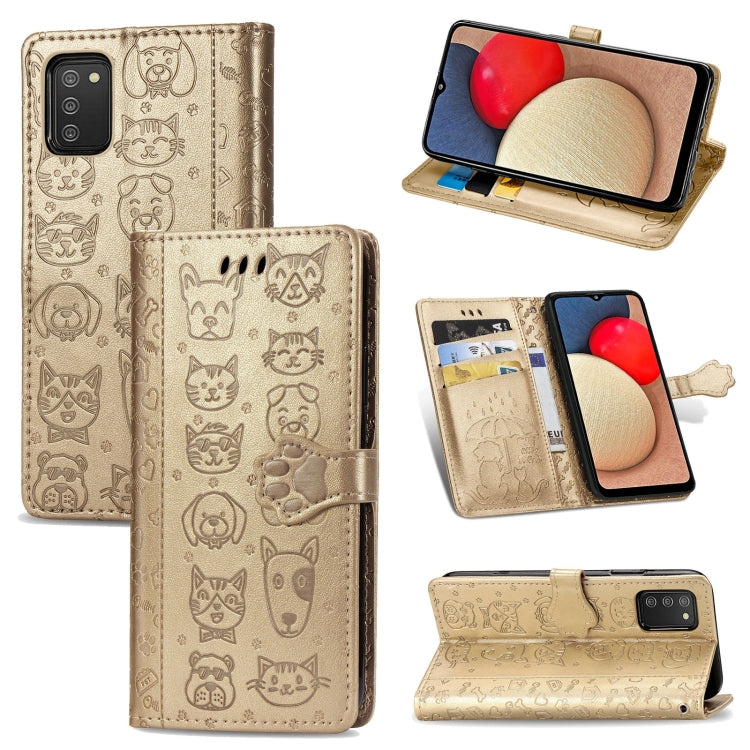 Simpatica custodia in pelle a ribalta orizzontale in rilievo con gatto e cane con supporto e fessure per carte, portafoglio e cordino, For Samsung Galaxy A03s 166mm
