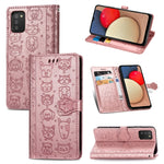 Simpatica custodia in pelle a ribalta orizzontale in rilievo con gatto e cane con supporto e fessure per carte, portafoglio e cordino, For Samsung Galaxy A03s 166mm