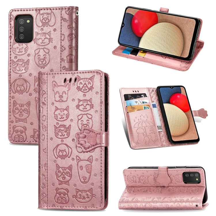 Simpatica custodia in pelle a ribalta orizzontale in rilievo con gatto e cane con supporto e fessure per carte, portafoglio e cordino, For Samsung Galaxy A03s 166mm