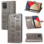 Simpatica custodia in pelle a ribalta orizzontale in rilievo con gatto e cane con supporto e fessure per carte, portafoglio e cordino, For Samsung Galaxy A03s 166mm