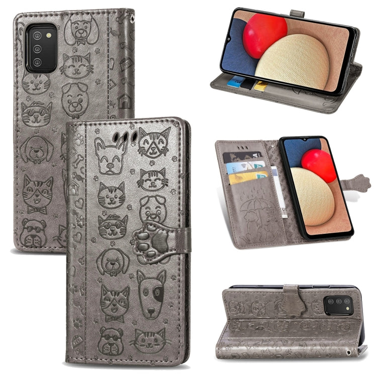 Simpatica custodia in pelle a ribalta orizzontale in rilievo con gatto e cane con supporto e fessure per carte, portafoglio e cordino, For Samsung Galaxy A03s 166mm